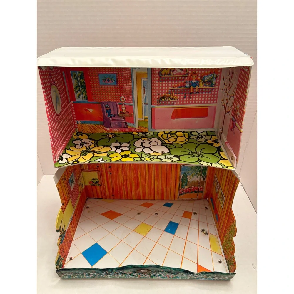 Vintage Ideal Toy Corp Vinyl Doll Case House Graphic Red Roof Blue Door